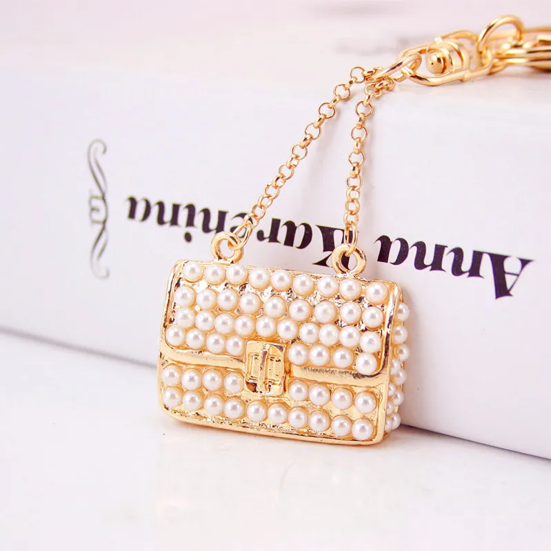 Luxury Artificial Pearl Mini Handbag Keychain For Women Gold Alloy Rhinestone Purse Bag Charm Elegant Jewelry Gift Accessory
