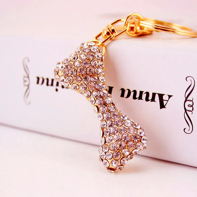 Cute Alloy Rhinestone Bone Keychain For Women Bling Metal Dog Bone Bag Charm Pendant Key Ring Fashion Gift Jewelry Accessory