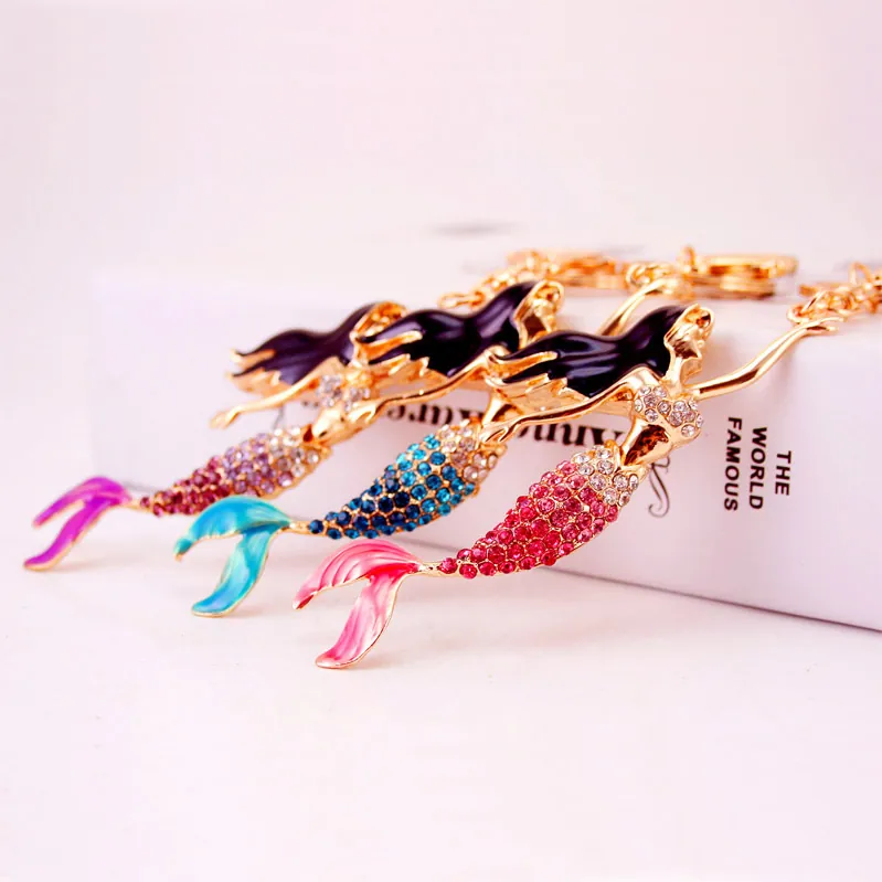 Mignon Porte-clés Sirène de Dessin Animé avec Strass en Alliage de Zinc Pendentif de Sac Émail Cadeau pour Femme