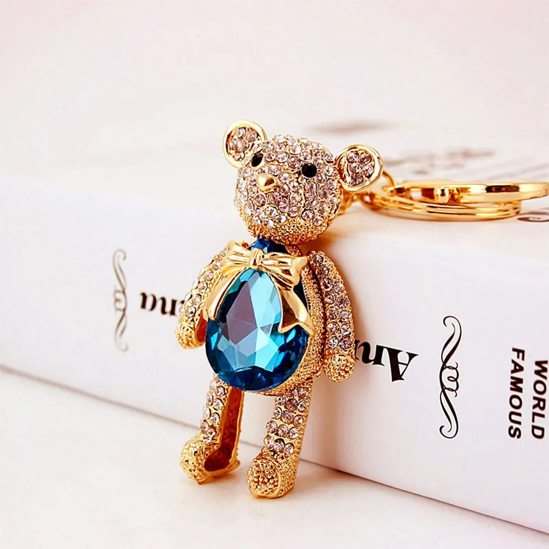 Cute Crystal Bear Keychain Rhinestone Inlaid Blue Water Drop Stone Gold Alloy Bag Charm Pendant For Women Girls Gift
