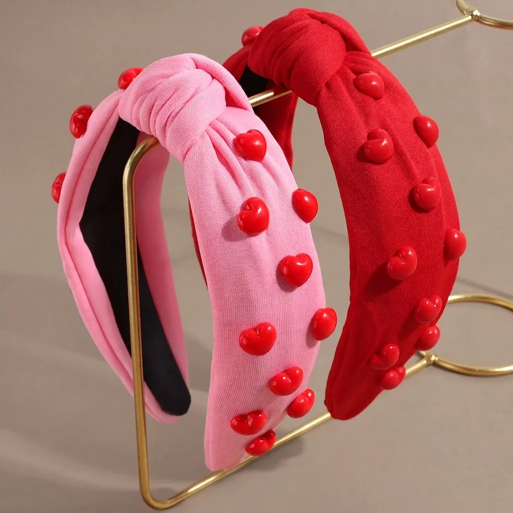 Women Sweet Knotted Wide Headband Knitted Fabric Red 3D Heart Decoration Valentine's Day Party Fashion Hairband Accessory