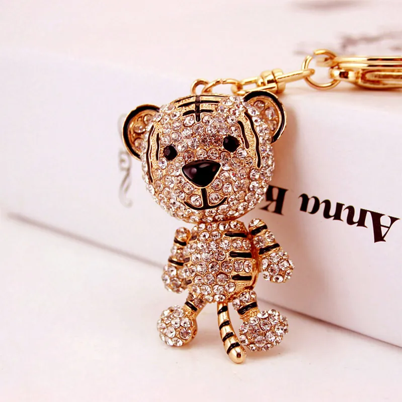 Cute Cartoon Zodiac Tiger Keychain Zinc Alloy Rhinestone Inlaid Gold Tiger Car Key Ring Pendant For Women Men Gift