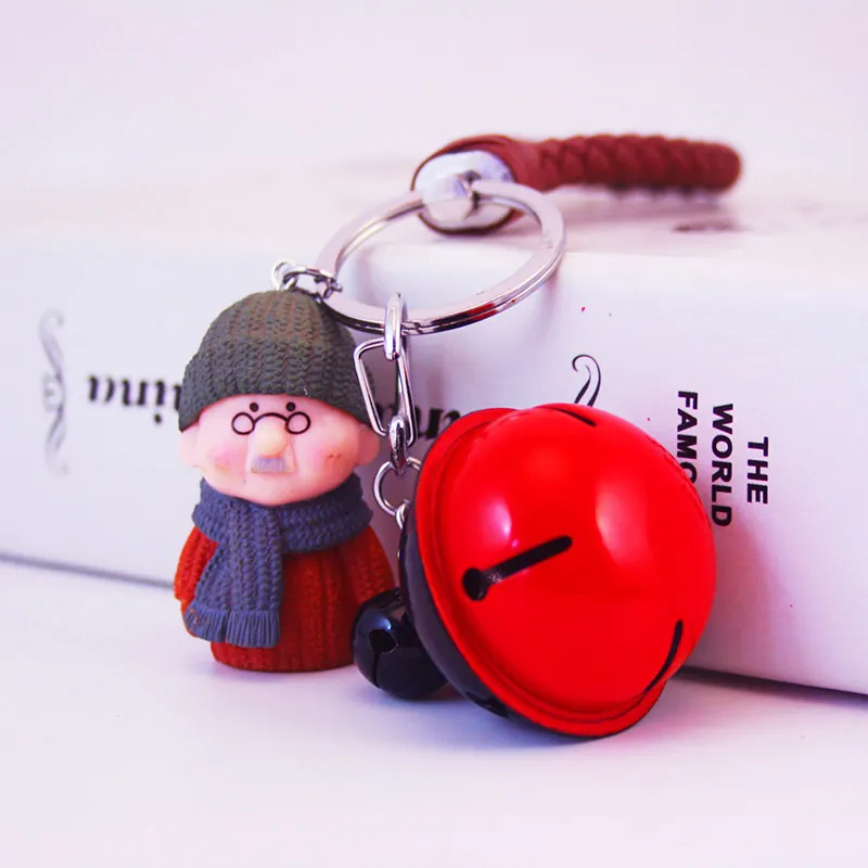 Porte-clés Créatif Figure de Grand-père et Grand-mère avec Grande Cloche Corde Tressée Mignon Vieux Couple Pendentif Cadeau