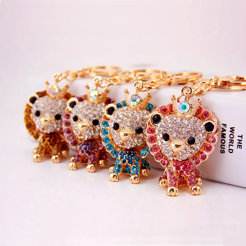 Sparkly Crown Lion Keychain Cute Zinc Alloy Rhinestone Animal Bag Charm Pendant For Women Girls Gift Car Key Ring Accessories