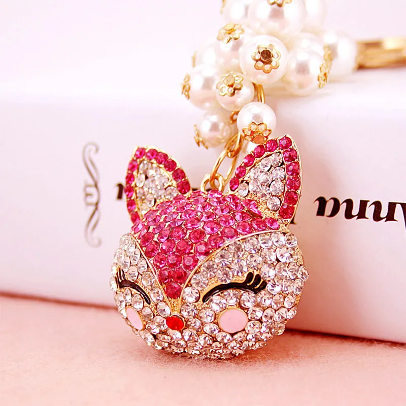 Rhinestone Fox Head Keychain With Faux Artificial Pearl Alloy Animal Bag Pendant For Women Fashionable Accessory Jewelry Gift Decoration