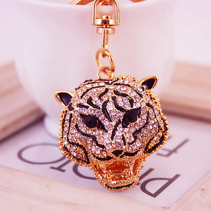 Creative Cute Rhinestone Tiger Head Keychain Gold Zinc Alloy Animal Bag Charm Pendant Decorative Jewelry Gift For Women Men