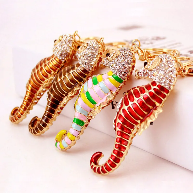 Porte-clés Hippocampe en Alliage de Zinc avec Strass Émail Pendentif Animal Anneau de Clé de Voiture Bijou de Sac Femme Cadeau