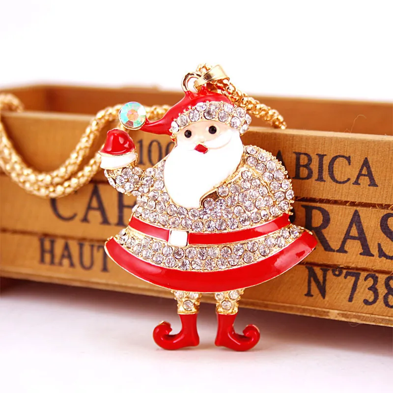 Christmas Santa Claus Pendant Necklace For Women Zinc Alloy Red Enamel Rhinestone Inlaid Sweater Chain Holiday Party Jewelry