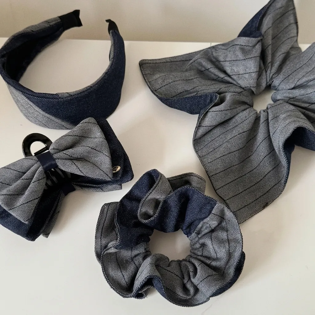 Accessorio per Capelli in Tessuto Denim Stile Coreano Motivo a Spina di Pesce a Righe Donna Scrunchie Cerchietto Clip a Squalo Farfalla Gioielli Moda