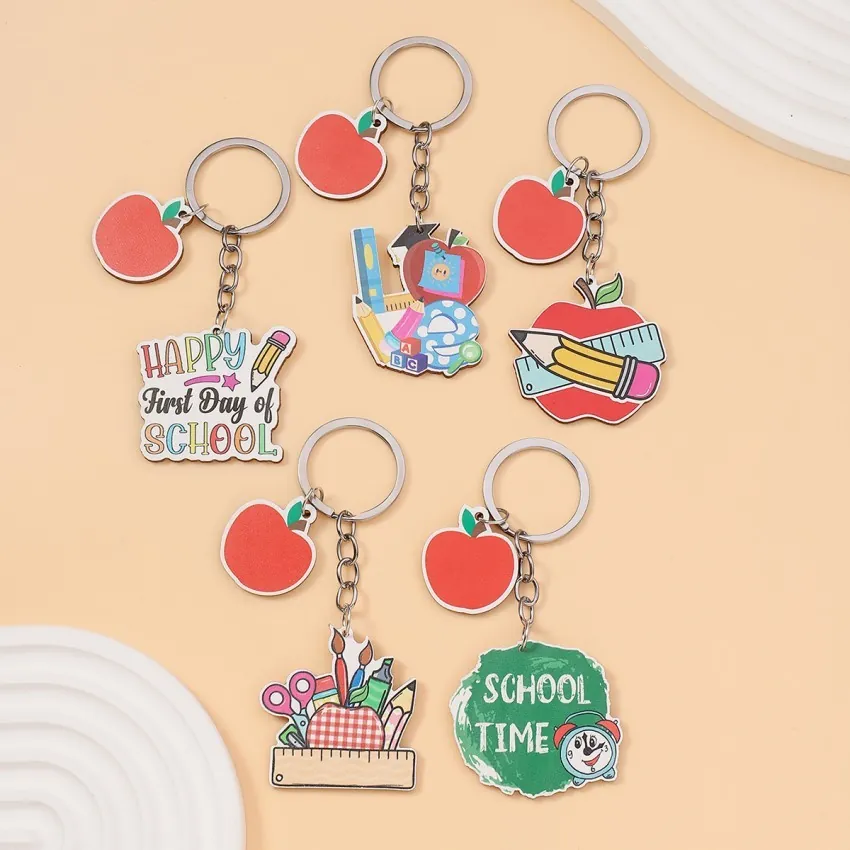 Creative Wooden School Theme Keychain For Teachers Day Back To School Gift Red Apple Stationary Pencil Ruler Pendant Bag Hanging Ornament