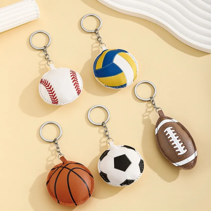 Porte-clés de Balle de Sport en Cuir PU Mini 3D Baseball Volleyball Basketball Football Pendentif de Sac Accessoire Unisexe