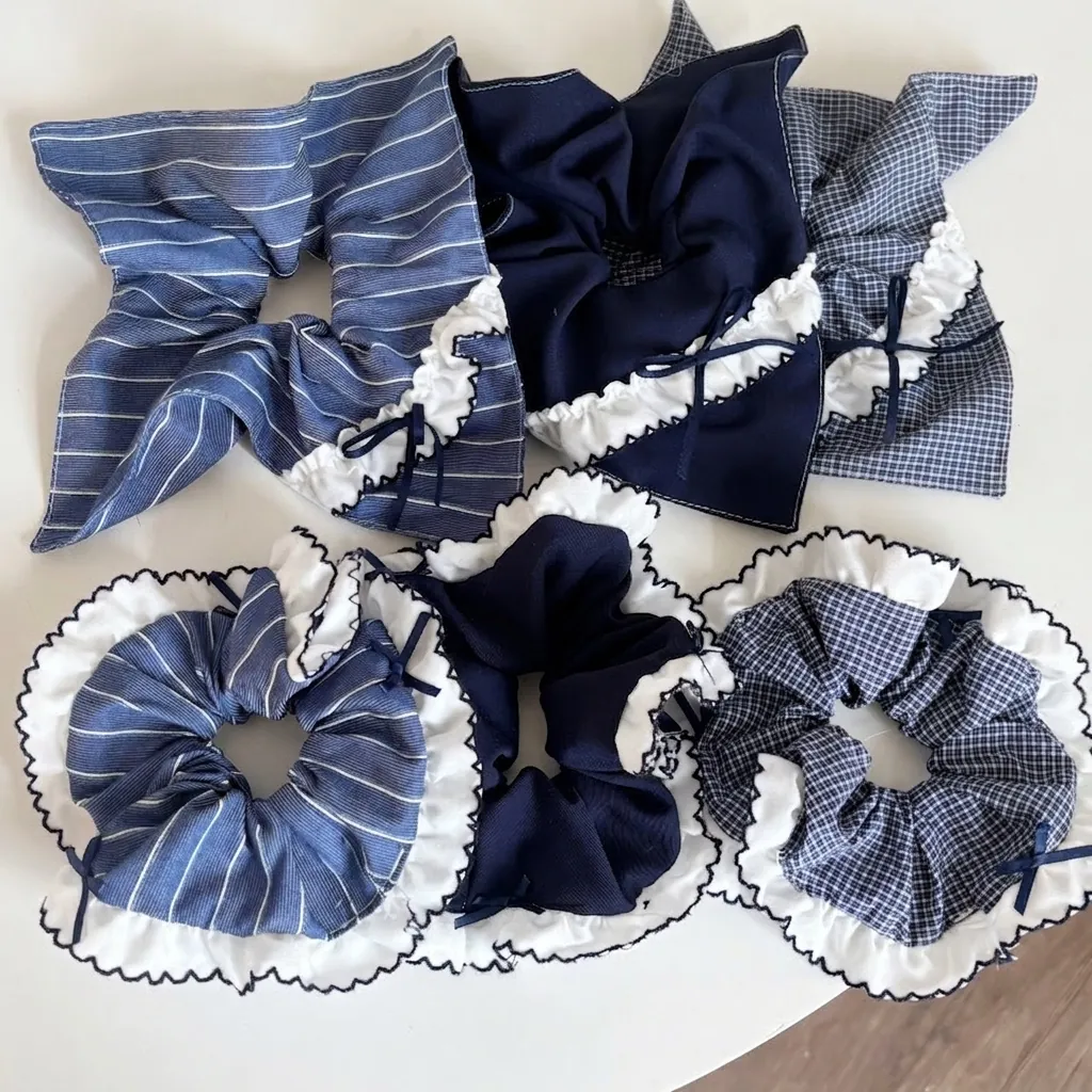 Women Academy Style Large Scrunchie With Ribbon Bow Lace Edge Plaid Stripe Butterfly Pattern Elastic Fabric Hair Ties