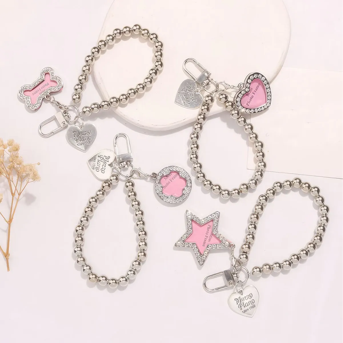 Silver Bead Chain Pet Photo Frame Pendant Heart Star Bone Shape Alloy Rhinestone Dog Cat Collar Charm Keychain Accessory