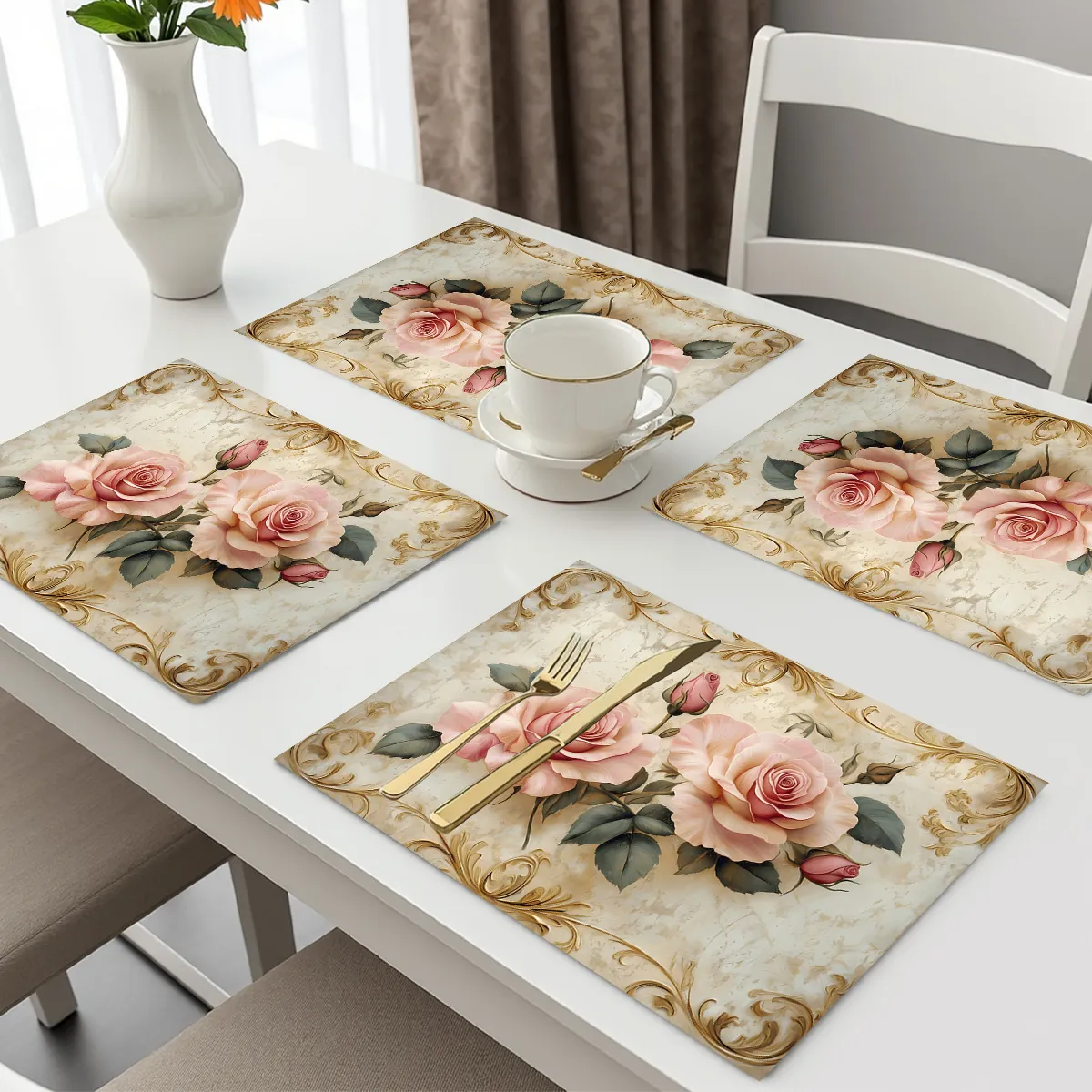 Victorian Pink Rose Floral Polyester Placemats Heat Resistant Stain Proof Table Decor Vintage Baroque Style Dining Home