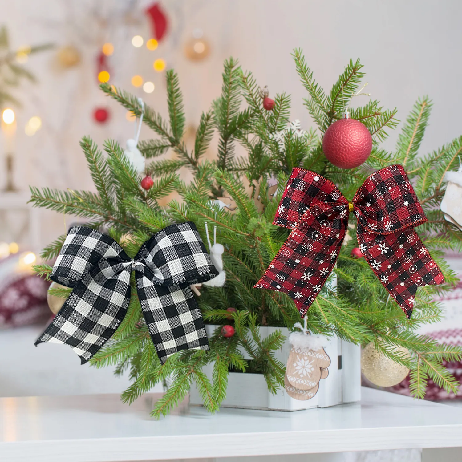 Rustic Christmas Bows Buffalo Plaid Burlap Ornament For Xmas Tree Wreath Decoration Farmhouse Holiday Festive Party Decor Bows