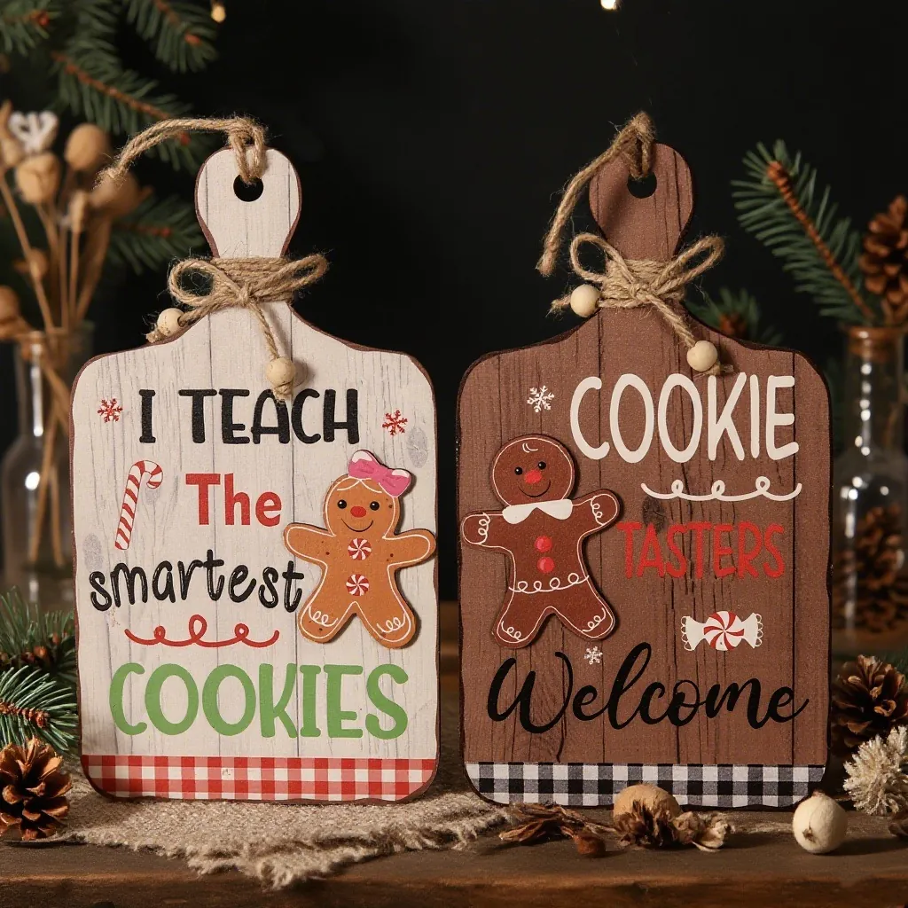 Christmas Gingerbread Man Wood Welcome Sign Hanging Plaque Cutting Board Shape Home Door Wall Decor Festive Holiday Gift