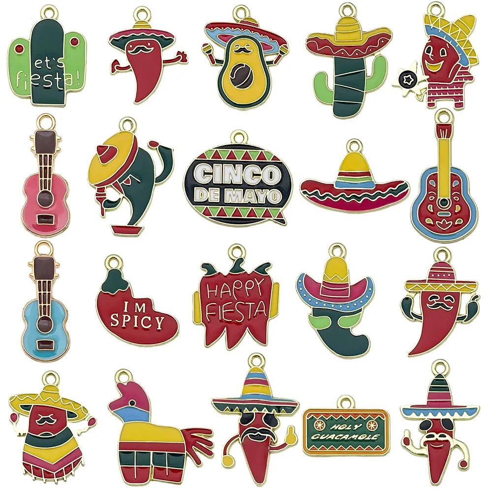 Mexican Cinco De Mayo Enamel Zinc Alloy Charms For DIY Jewelry Making Chili Cactus Guitar Avocado Pendant Accessories