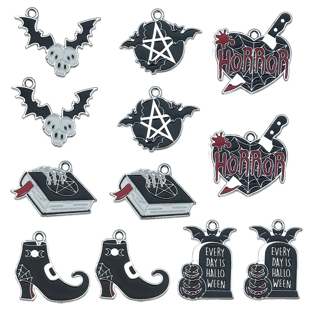 Halloween Alloy Enamel Charms Pendants Dark Gothic Style Pumpkin Bat Tombstone Magic Book DIY Jewelry Making Accessories