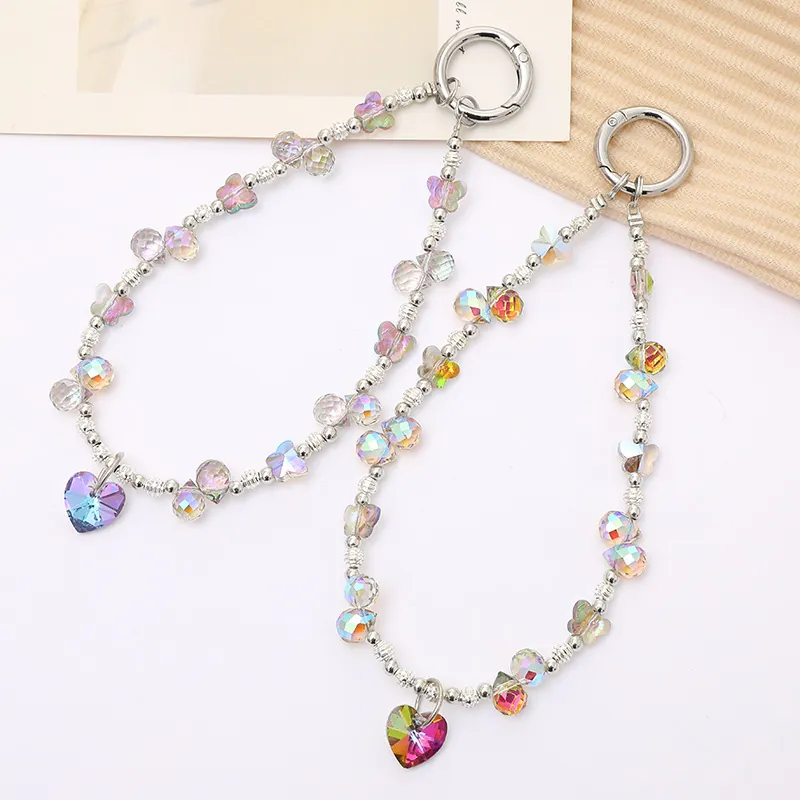 Luxury Crystal Beaded Phone Charm Heart Butterfly Teardrop Bag Keychain Pendant For Women Fashion Accessories Gift Charm