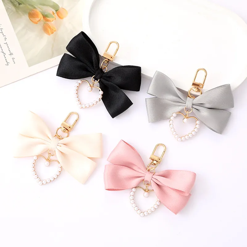 Satin Bowknot Keychain With Artificial Pearl Inlaid Heart Pendant Sweet Bag Charm Key Ring For Women Bags Ornaments Accessory