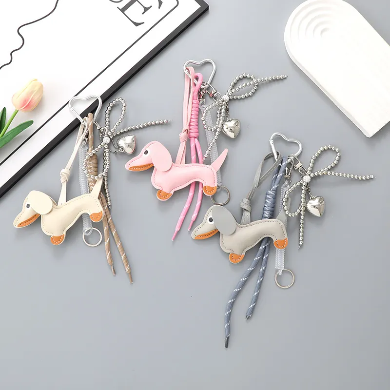 Cute Dachshund Dog Keychain PU Leather Bag Charm Personalized Animal Keyring Accessory Heart Bow Decoration Women Girls Jewelry