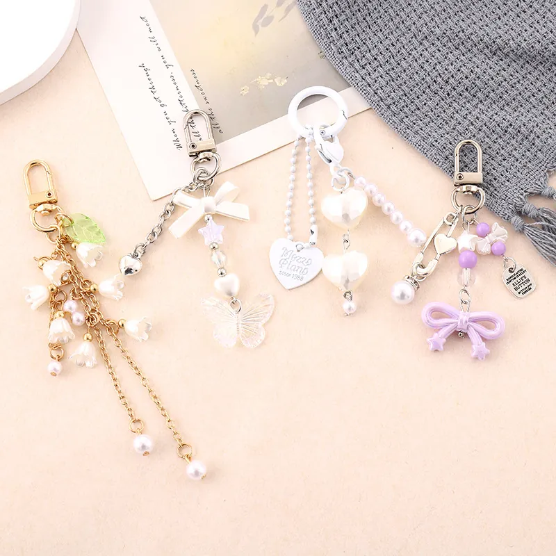 Creative Butterfly Bow Resin Keychain Sweet Artificial Pearl Heart Star Pendant Bag Charm For Women Girls Backpack School Decoration