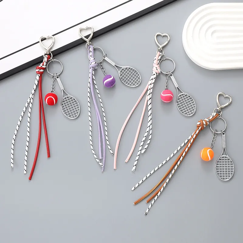 Tennisschläger Schlüsselanhänger Mit Beflocktem Ball Geflochtenem Lederseil Herzschnalle Sportlicher Taschenanhänger Für Damen Mädchen Geschenk