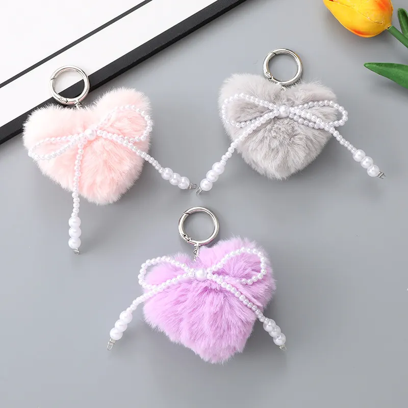 Korean Style Plush Heart Keychain With Faux Artificial Pearl Bow Sweet Fluffy Bag Charm For Women Girls Plush Heart Keyring Pendant