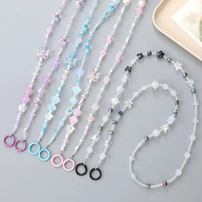 Acrylic Beaded Phone Lanyard Bag Chain With Heart Star Bow Cat Paw Charms Crossbody Beaded Strap Fashion Jewelry For Women