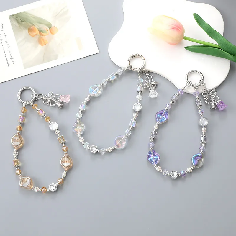 Luxury Crystal Beaded Keychain Alloy Rose Flower Pendant Fashion Bag Charm For Women Handmade Jewelry Gift Accessory