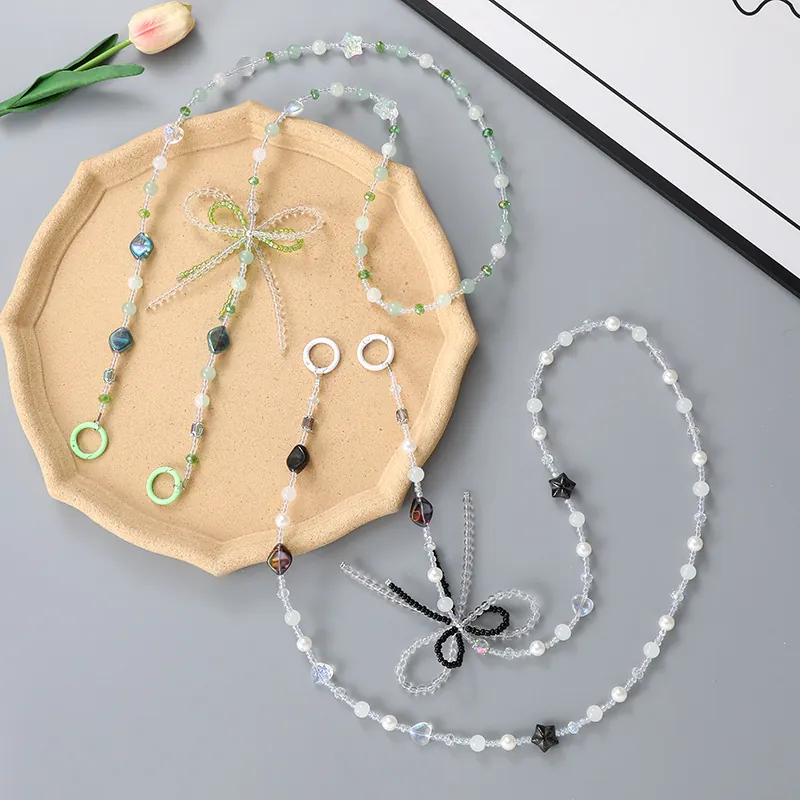 Handmade Beaded Crossbody Phone Lanyard Bag Charm Accessory For Women Sweet Acrylic Artificial Pearl Bow Knot Replacement Chain Strap