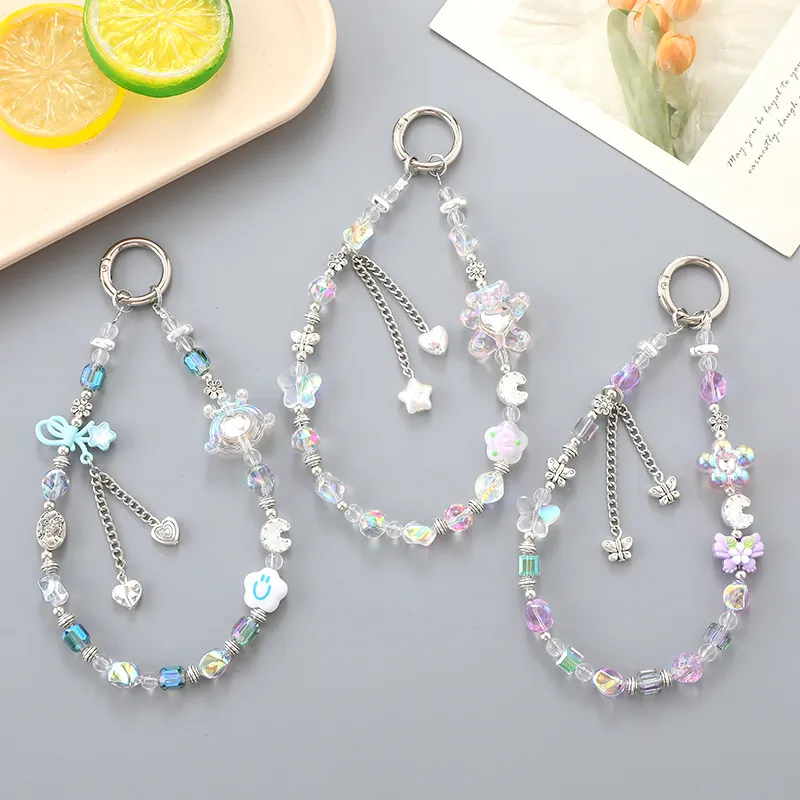 Porte-clés en Perles à la Mode Cœur Papillon Étoile Lune Ours Breloque de Téléphone Fait Main Accessoire de Sac Femme