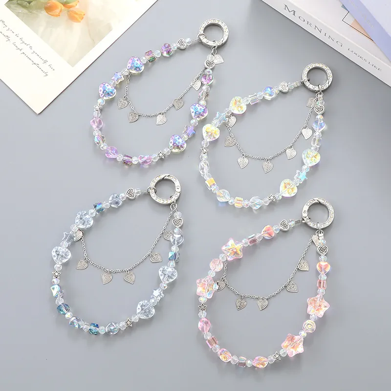 Ciondolo per Cellulare a Forma di Cuore e Stella Iridescente Doppia Catena Perline in Acrilico Portachiavi per Borse Donna