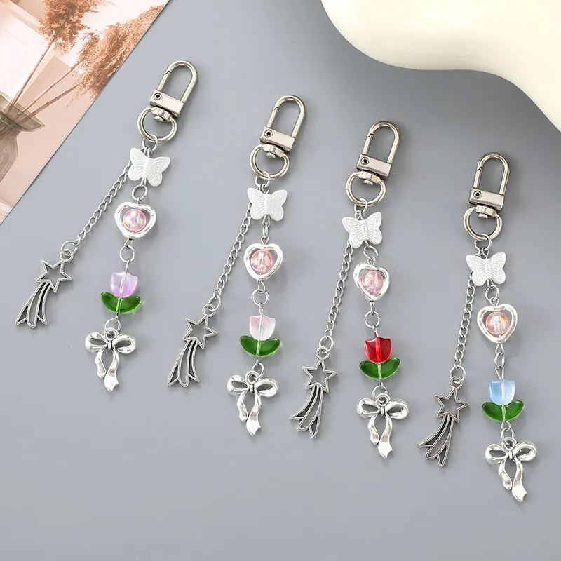 Porte-clés en Alliage à Perles Style Coréen Pendentif Papillon Cœur Étoile Météore Argent Avec Nœud en Ruban pour Sac