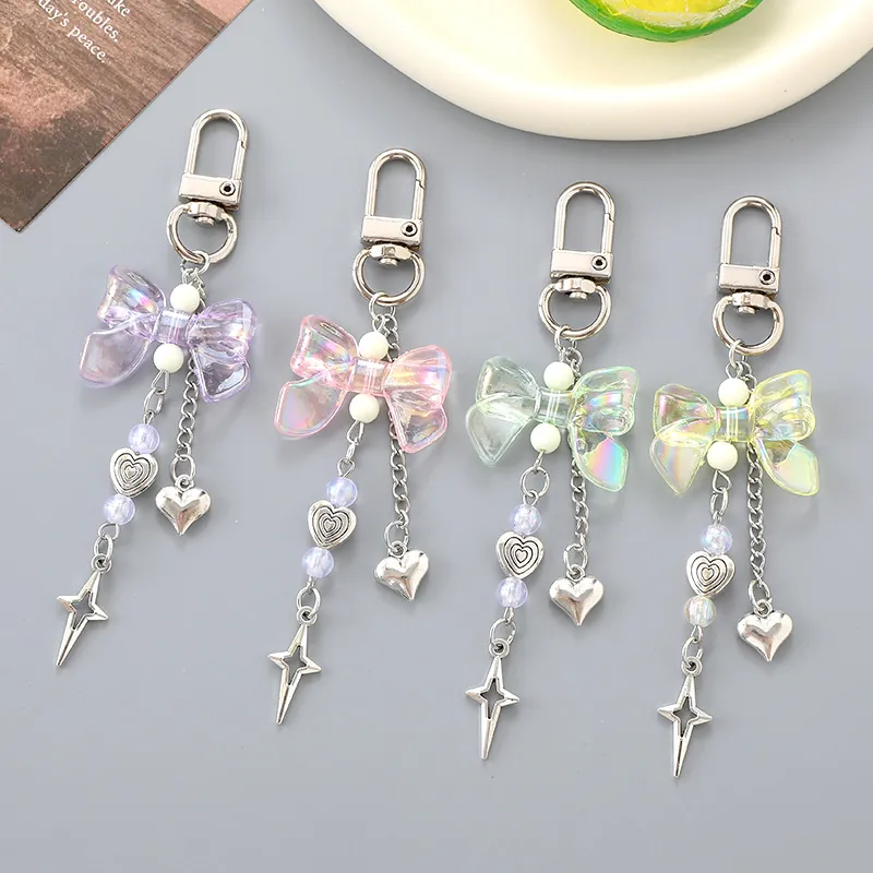 Sweet Alloy Acrylic Iridescent Bow Keychain Heart Star Pendant Beaded Bag Charm Fashion Mobile Phone Strap Women Gift