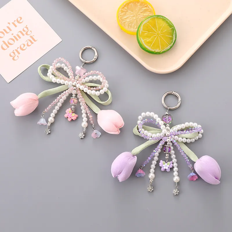 Sweet Tulip Flower Bow Keychain Artificial Pearl Beaded Bag Charm Satin Ribbon Floral Pendant For Women Girls Daily Accessory
