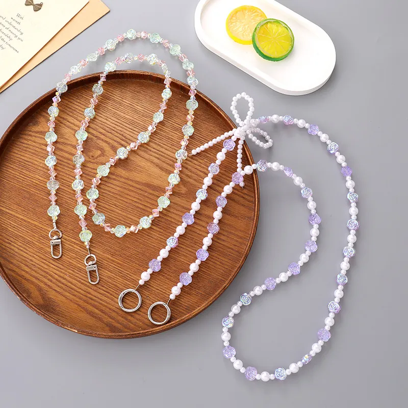 Catenina a Tracolla con Künstliche Perle e Fiori Olografici Cordino per Telefono Tracolla per Borsa con Fiocco per Donna Gioielli Moda