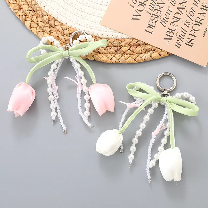 Süßer Tulpen Künstliche Perlen Schleife Taschenanhänger Satinband Stoffblume Anhänger Schlüsselanhänger Für Damen Mädchen Tasche Zubehör