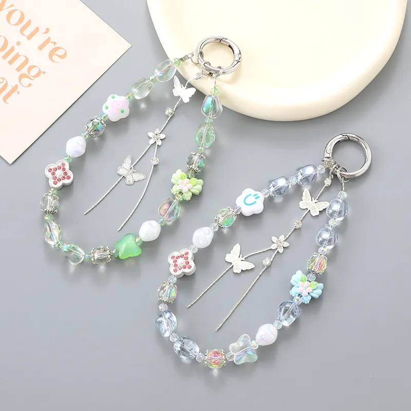 Korean Ins Style Beaded Keychain Phone Strap For Women Alloy Butterfly Tassel Charm Acrylic Star Beads Pendant Handmade Jewelry Bag Accessory