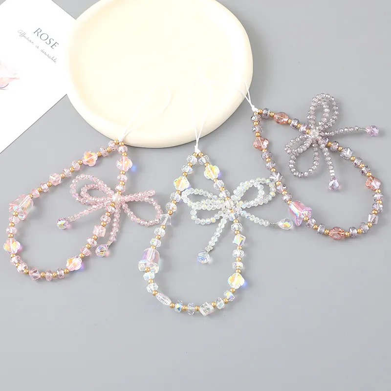 Fashion Artificial Crystal Handmade Beaded Phone Strap Bowknot Anti-lost Lanyard For Camera Bag Decoration Women Jewelry Accessory