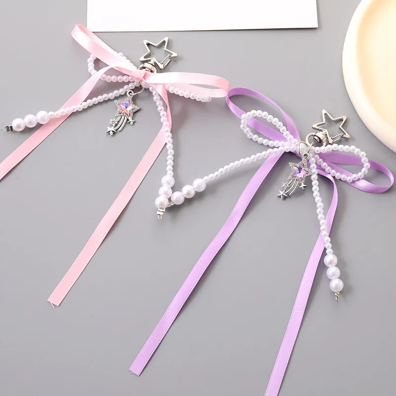Satin Bow Imitation Artificial Pearl Star Keychain For Women Alloy Rhinestone Meteor Pendant Bag Charm Cute Fashion Accessories
