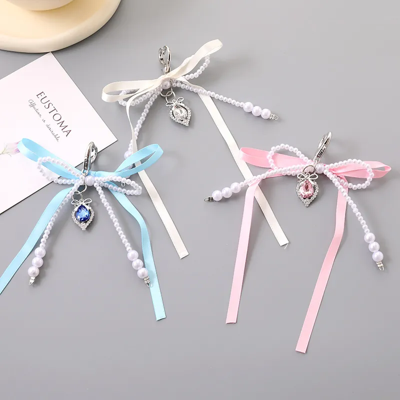 Elegant Fabric Bowknot Faux Artificial Pearl Bag Charm Heart Water Drop Gemstone Pendant Vintage Keychain For Women Accessories