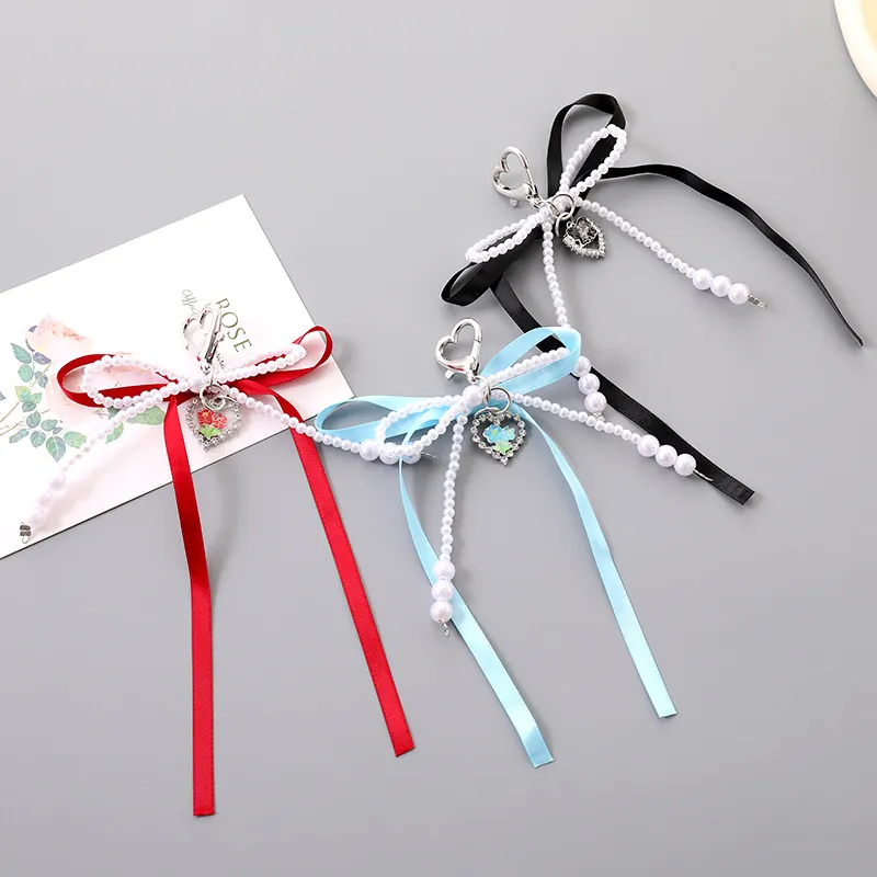 Handmade Bow Artificial Pearl Bag Pendant Heart Flower Rhinestone Keychain For Women Gift Satin Ribbon Fashion Accessories Charm