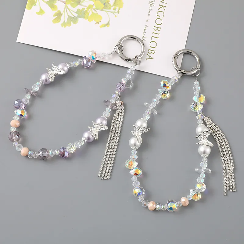 Luxury Alloy Butterfly Beaded Bag Charm With Rhinestone Tassel Imitation Artificial Pearl Crystal Pendant For Women Purse Keychain