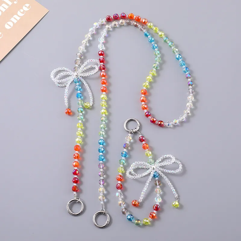 Cordon de Téléphone en Perles de Cristal Arc-en-ciel Chaîne Bandoulière Anti-perte Avec Nœud en Perles Décoration pour Femmes Accessoires de Sac Mode