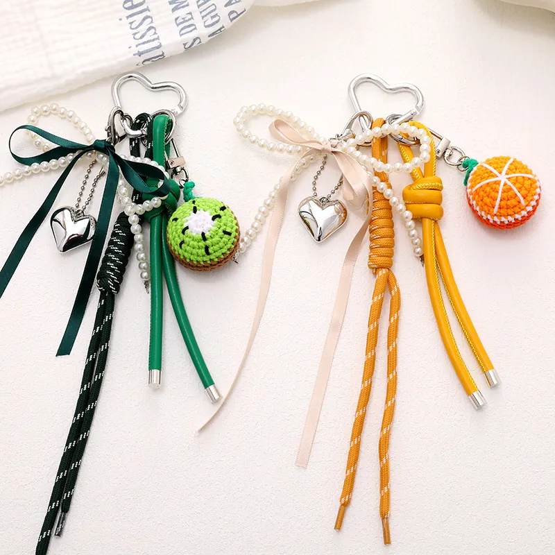 Handmade Crochet Fruit Bag Charm Heart Keychain Ribbon Bow Artificial Pearl Watermelon Kiwi Apple Orange Style Pendant For Bags