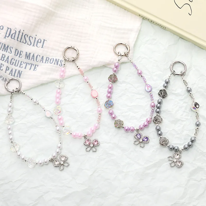 Butterfly Rose Beaded Phone Chain Handmade Imitation Artificial Pearl Bag Charm Rhinestone Butterfly Pendant Women Fashion Strap