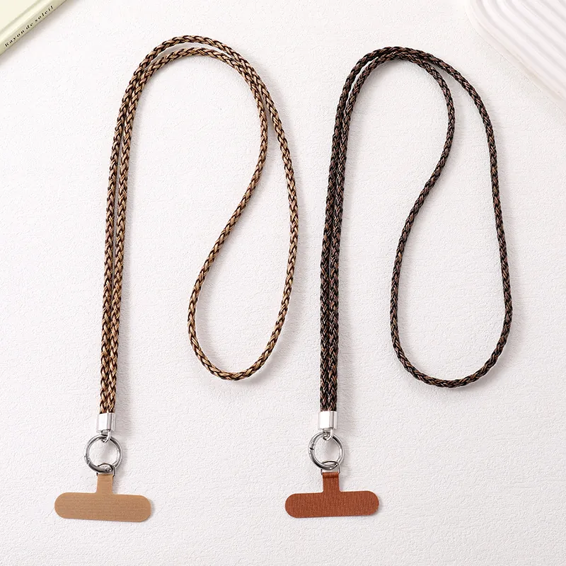 Retro Wood Grain Braided PU Leather Phone Lanyard Crossbody Mobile Phone Chain Neck Strap For Bags Accessories Women