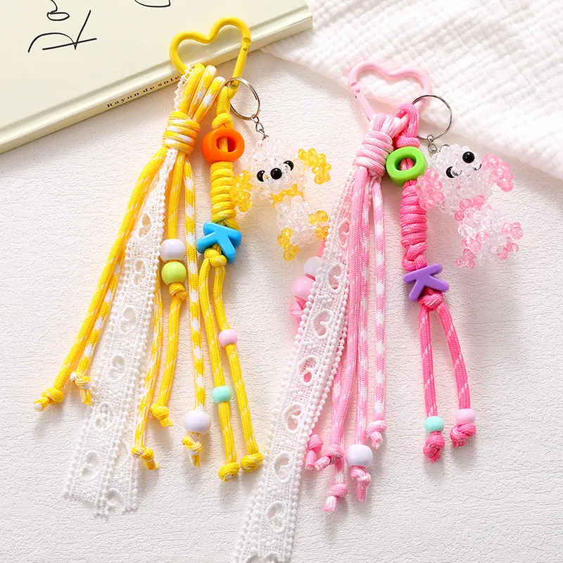 Cute Hand-Woven Dog Bag Charm Acrylic Beads Braided Cord Keychain Heart Hook For Women Girls Purse Backpack Decoration