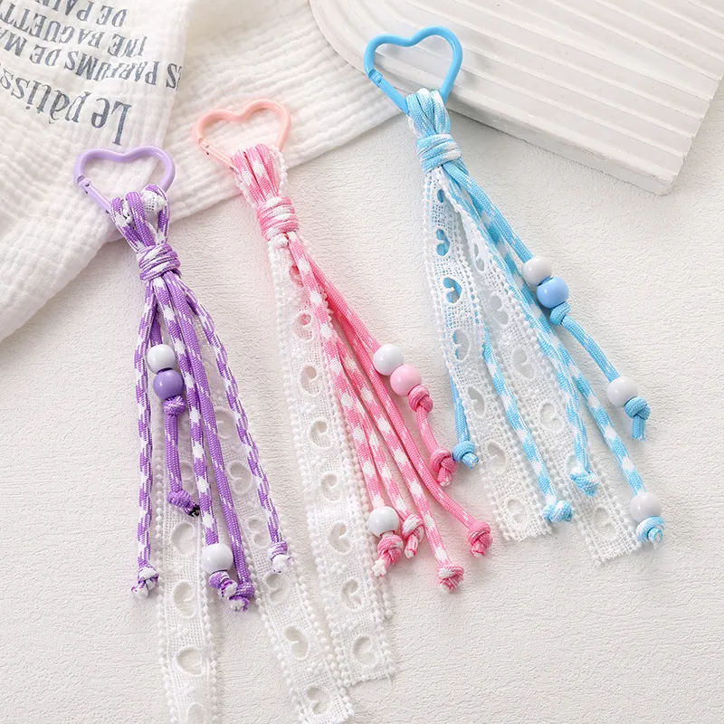 Charme de Coeur Tressé à la Main Ruban de Dentelle Ajouré Y2K Pendentif de Sac Dragonne de Téléphone Cordon en Nylon Porte-clés Perlé